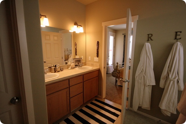 striped rug in the bathroom